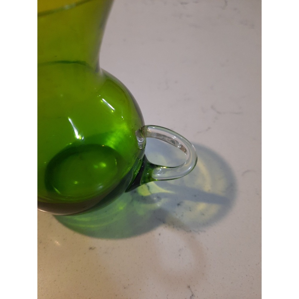 Hand Blown Bright Green Glass Miniature Pitcher Applied Clear Handle Decorative - Picture 3 of 5